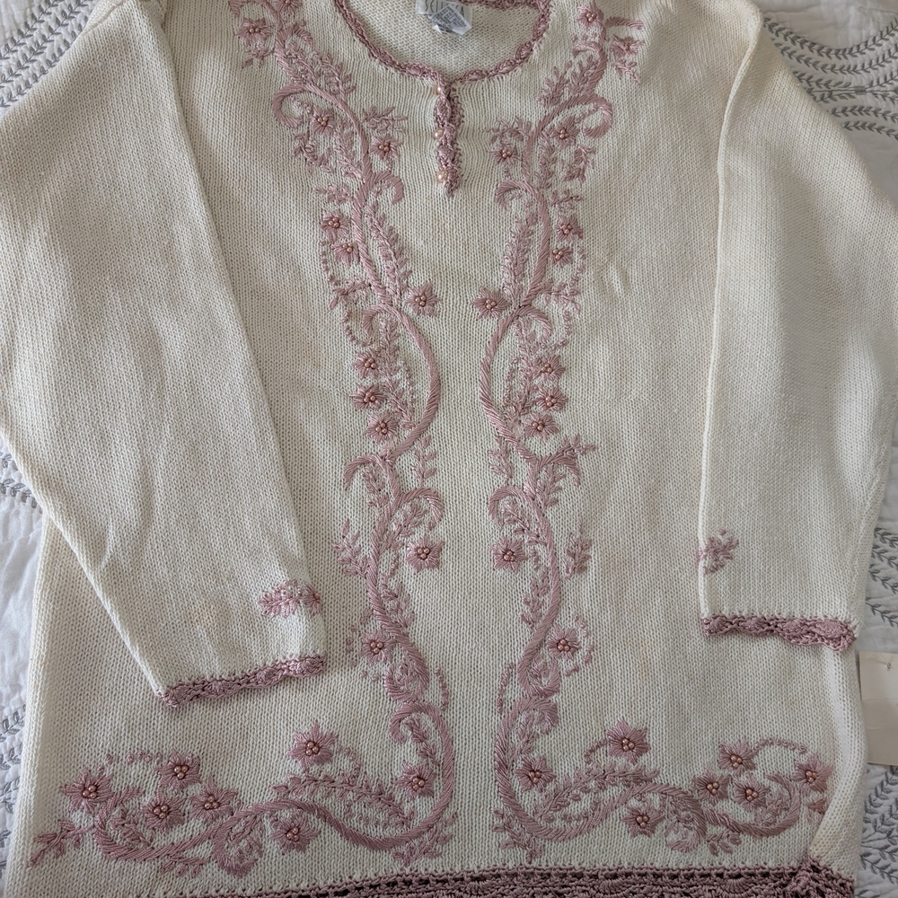 Embroidered Cream Sweater with Pink Accents
